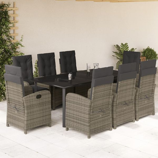 vidaXL 9-teilig Garten-Essgruppe mit Kissen Grau Poly Rattan, 3212368