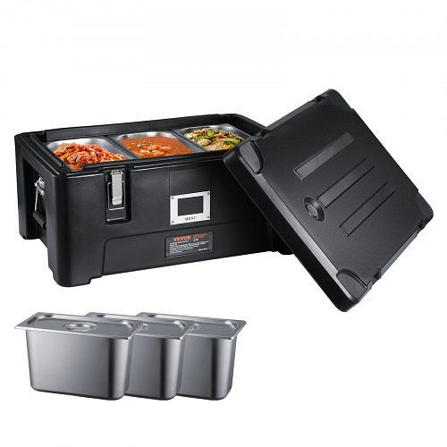 VEVOR Isolierter Lebensmittelpfannenträger, stapelbarer Toplader mit 3 Pfannen 36 Qt, Schwarz, SPBW30-D1330LULKRV0