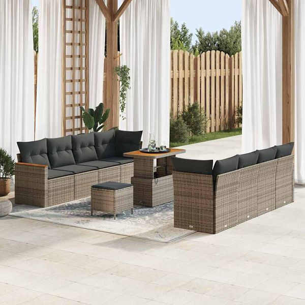 vidaXL Garten-Sofa-Set mit Kissen 11-teilig Grau Poly-Rattan, 3363023