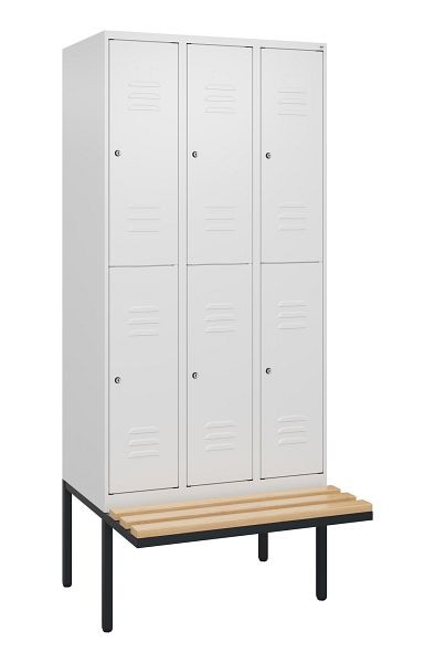 C+P Doppelstöckiger Spind Classic PLUS, 3 Abteile, 2120x900x815mm, 9016/9016, Zylinderschlösser, Buche-Sitzleisten, Sitzfläche, 0803407-30 S10104
