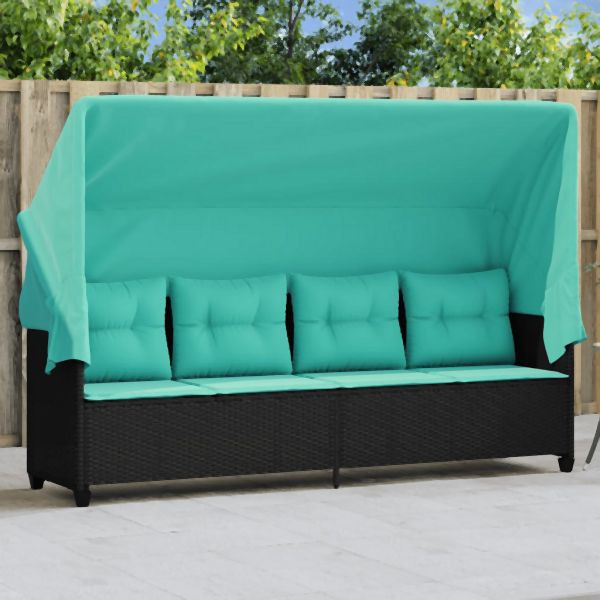 vidaXL Sonnenliege mit Dach und Kissen Schwarz Poly Rattan, 368361