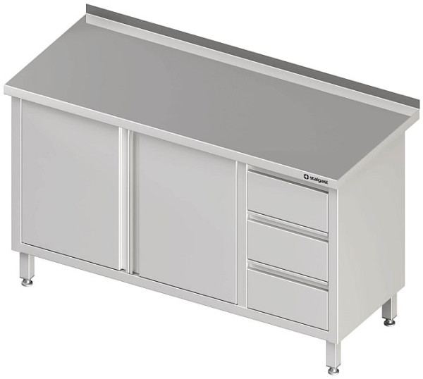 Stalgast Arbeitsschrank mit Flügeltüren, 1100x700x850 mm, mit 3er Schubladenblock links, mit Aufkantung, verschweißt, VAS11705LA