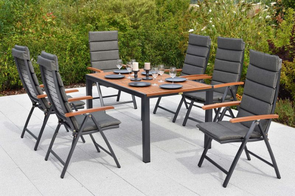 Merxx Tinos Set 13-teilig, 6 Tinos Klappsessel, Holzoptik, 6 Auflagekissen grau, 1 Tisch 150 x 90 cm, Tischplatte Akazienholz, 50363-800