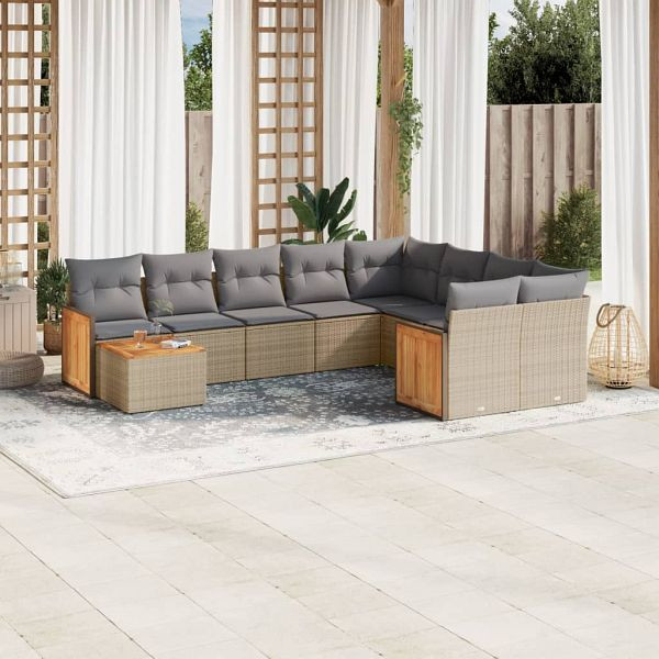 vidaXL 10-teilig Garten-Sofagarnitur mit Kissen Beige Poly Rattan, 3227998