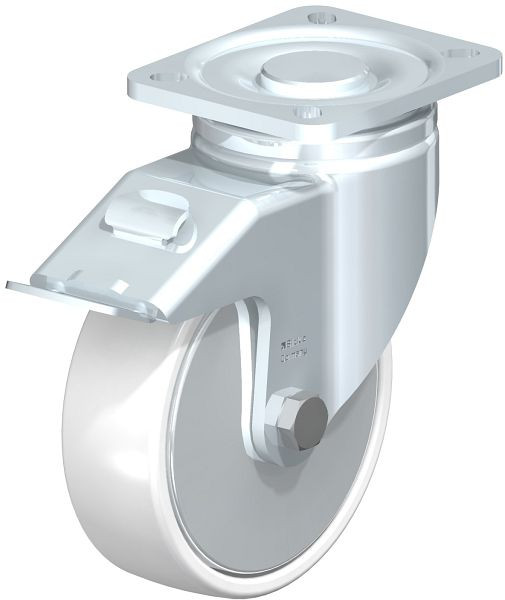 Blickle LH-PO 125K-1-FI-FA Stahlblech-Lenkrolle, Schwerlast-Ausführung, mit Anschraubplatte & Feststeller, Polyamid, Weiß, 749025