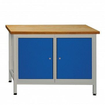 ADB Werkbank 2 Türen, Maße: 1200x600x840mm (BxTxH), Farbe Werktisch: grau, RAL 7035, Farbe Tür: Lichtblau (RAL 5012), 41927