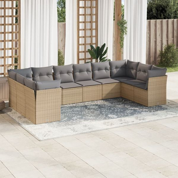vidaXL 10-teilig Garten-Sofagarnitur mit Kissen Beige Poly Rattan, 3218199