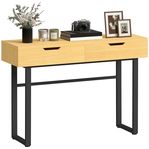 HOMCOM Konsolentisch Schmaler Flurtisch mit 2 Schubladen, Metallrahmen, für Flur 110 x 35 x 76,5 cm Natur, 837-700V00ND