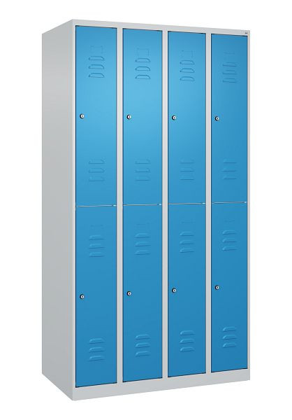 C+P Doppelstöckiger Spind Classic PLUS, 4 Abteile, 1850x1000x500mm, 7035/5012, Zylinderschlösser, 080300-49 S10021