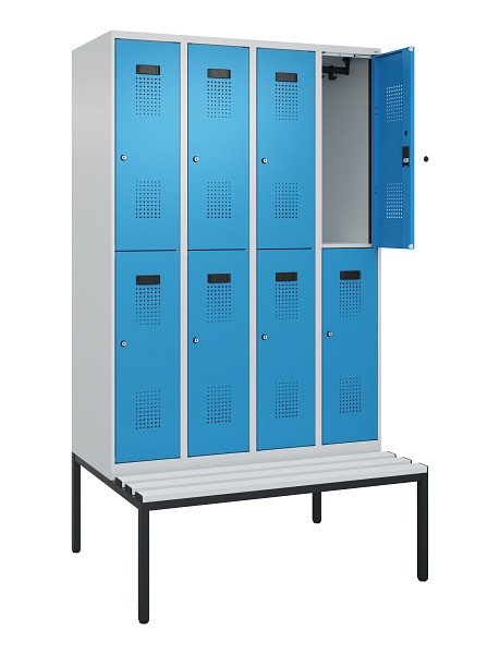 C+P Doppelstock-Spind Evolo PLUS, Bank, 8 Fächer, 2120x1200x815mm, 7035/5012, Zylinderschloss, Sitzfläche Kunststoff, Sitzbank, 0493507-40 S10115