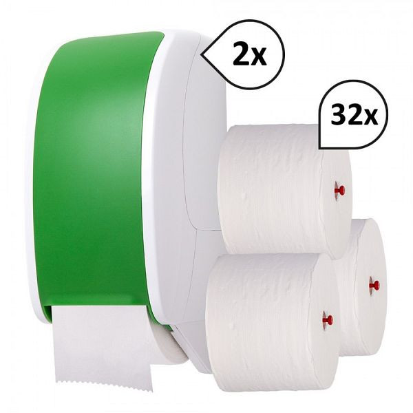 Produktbild von Blanc Hygienic SET: 2x Toilettenpapierspender Doppelrollen Blanc Cosmos + 32 Toilettenpapierrollen Long Life 3L, Farbe: grün/weiß, PS-THR3503-2350WG Blanc Hygienic SET: 2x Toilettenpapierspender Doppelrollen Blanc Cosmos + 32 Toilettenpapierrollen Long Life 3L, Farbe: grün/weiß, PS-THR3503-2350WG
