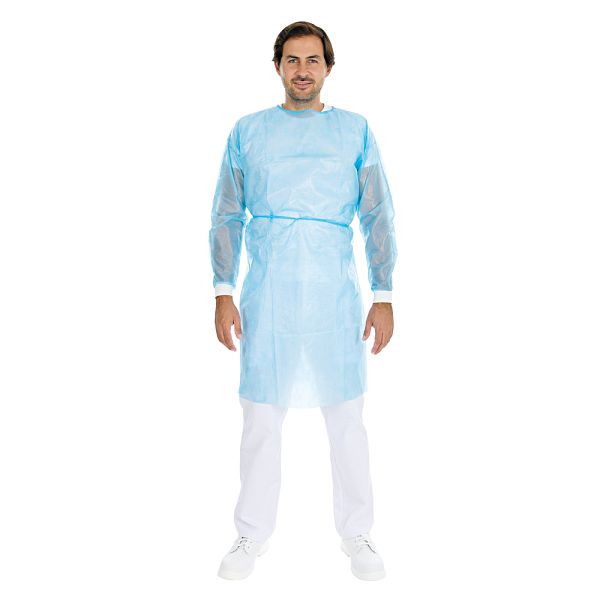 Hygostar Schutzkittel Protect, blau, Größe XL, PP, PE teil-laminiert 130 x 150 cm, Nacken- und Taillenbindebänder, Strickbündchen, VE: 50 Stück, 277461