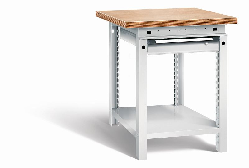 Otto Kind Werkbank Serie function Typ 103, Multiplexplatte 40 mm, überstehend, 1Schublade 120 mm, komplett RAL 7035, 072320217