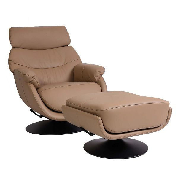 Mendler Relaxsessel mit Hocker HWC-K99, Fernsehsessel Sessel, Wippfunktion drehbar, Metall Echtleder/Kunstleder, taupe, 98358