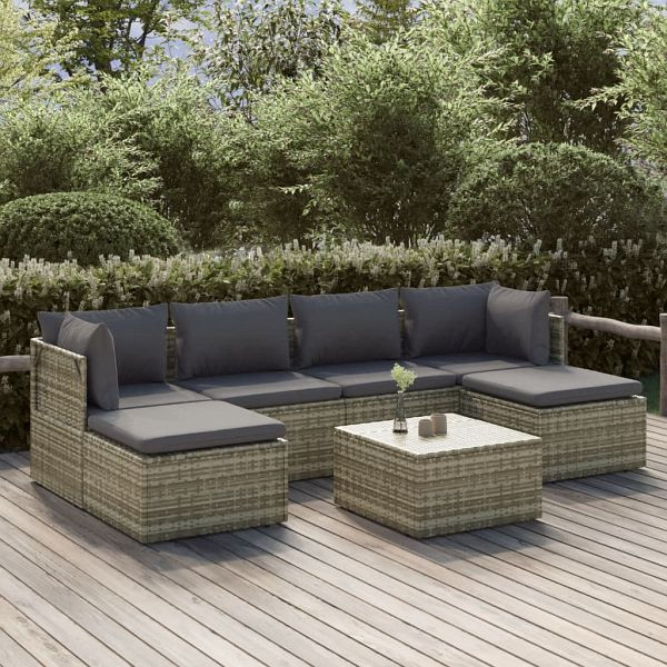 vidaXL 7-teilig Garten-Lounge-Set mit Kissen Grau Poly Rattan, 3157322