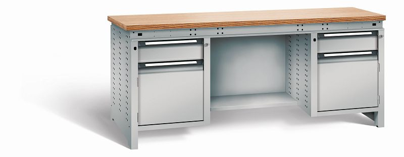 Otto Kind Werkbank Serie function Typ 305, Multiplexplatte 40 mm, bündig, 2x Unterbau + mittleres Feld, komplett RAL 9006, 072360196