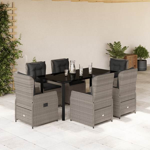 vidaXL 7-tlg. Garten-Essgruppe mit Kissen Hellgrau Poly Rattan, UV-beständig, 3262907