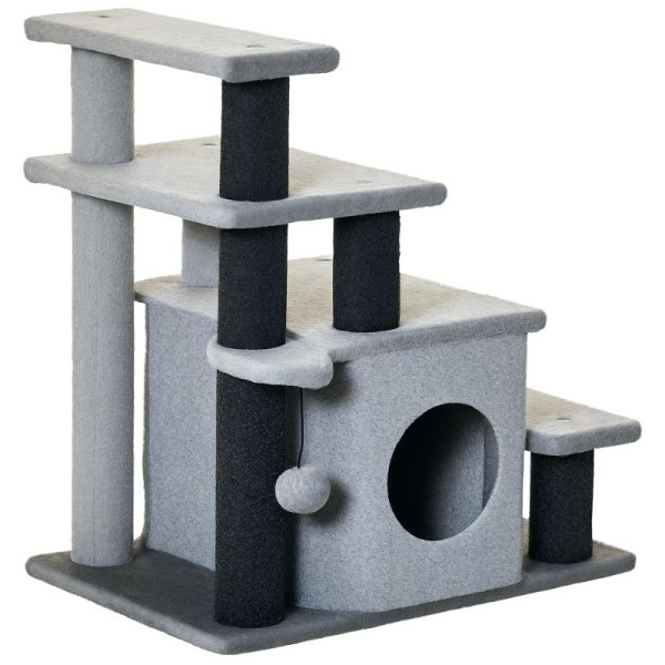 PawHut Kratzbaum, Tiertreppe, 4 Stufen, Ball, Häuschen, höhenverstellbar, schwarz+grau, 60 x 40 x 66 cm, D06-160V00GY