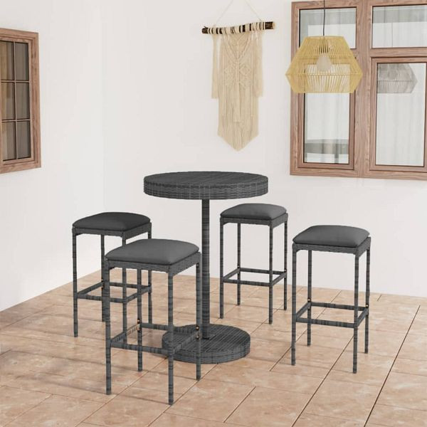 vidaXL 5-teilig Gartenbar-Set mit Kissen Poly Rattan Grau, 3064763
