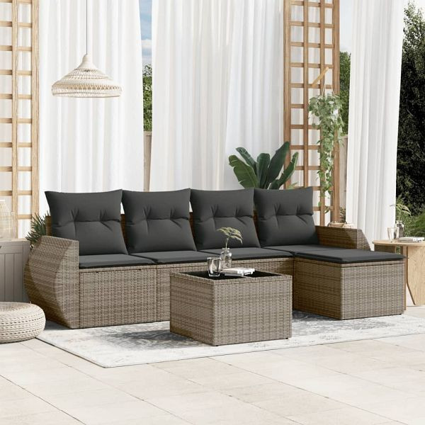 vidaXL 6-teilig Garten-Sofagarnitur mit Kissen Grau Poly Rattan, 3253637