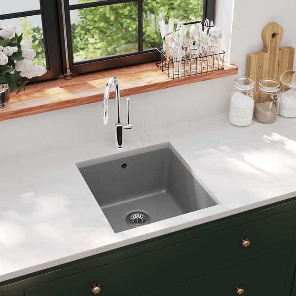 vidaXL Granitspüle Einzelbecken Grau, Material: 80% Quarz, 20% Harz, 142961
