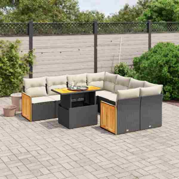 vidaXL 9-tlg. Garten-Sofagarnitur mit Kissen Schwarz Poly Rattan, UV-beständig, 3273884