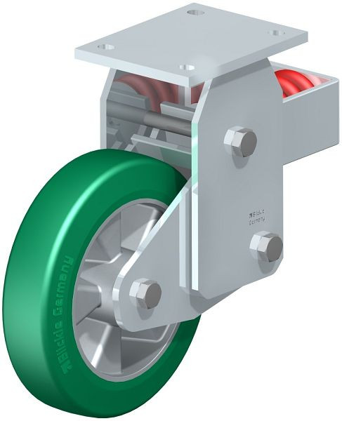 Blickle BHF-ALST 200K Stahlblech-Bockrolle, Schwerlast-Ausführung, mit Stahlfeder, Blickle Softhane®, Grün, 646398