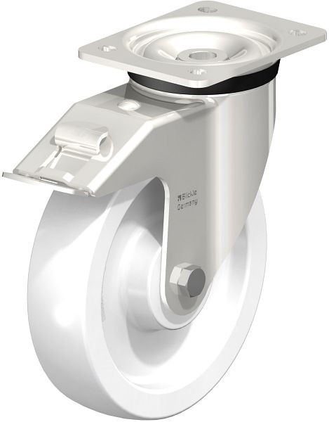 Blickle LKX-SPO 200G-FI Edelstahl-Schwerlast-Lenkrolle mit Anschraubplatte & Feststeller, Polyamid, Weiß, 604975