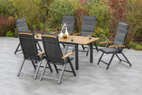 Merxx Tilos Set 13-teilig, 6 Tilos Klappsessel, 6 Kissen, uni grau, 1 Tilos Ausziehtisch, 150 (200) x 90 cm, Aluminium mit FSC Akazienholz, 50208-800