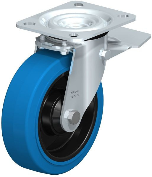Blickle L-POEV 125KD-ST-SB Stahlblech-Lenkrolle, mittelschwere Ausführung, mit Anschraubplatte & Feststeller, Elastik-Vollgummi, Blau, 850573