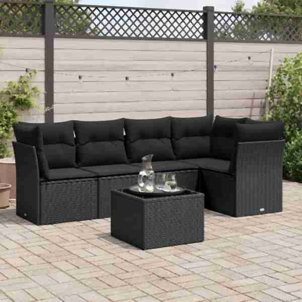 vidaXL 6-tlg. Garten-Sofagarnitur mit Kissen Schwarz Poly Rattan, UV-beständig, 3249444