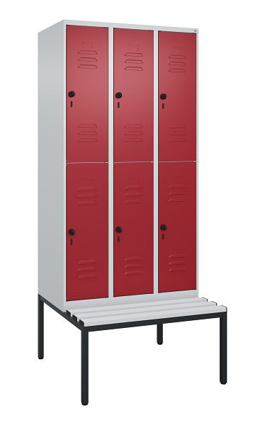 C+P Doppelstöckiger Spind Classic PLUS, 3 Abteile, 2120x900x815mm, 7035/3003, Drehriegel, mit untergebauter Sitzbank, 0803507-30 S10106