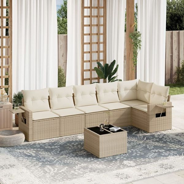 vidaXL 7-teilig Garten-Sofagarnitur mit Kissen Beige Poly Rattan, 3252535