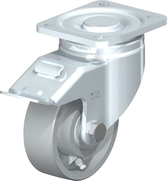 Blickle LH-G 100K-1-FI Stahlblech-Lenkrolle, Schwerlast-Ausführung, mit Anschraubplatte & Feststeller, Guss, Grau, 754595