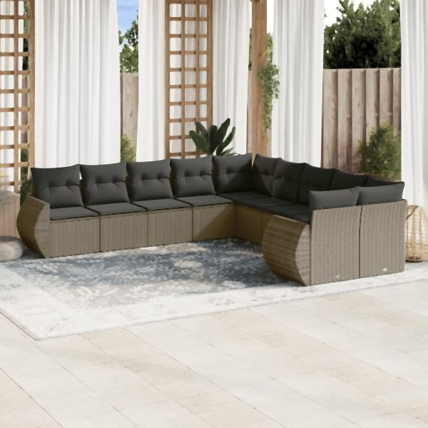 vidaXL 10-tlg. Garten-Sofagarnitur mit Kissen Hellgrau Poly Rattan, 3221911