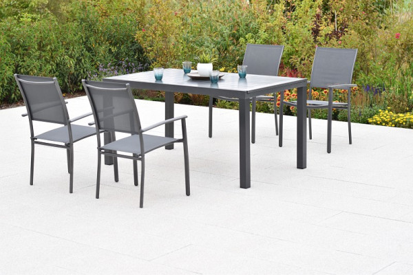 Merxx Milano Set 5-teilig, 4 Milano Stapelsessel, graphit/grau, 1 Ausziehtisch, 150 (200) x 90 cm, Alumiuniumgestell mit Textilbespannung, 51052-309