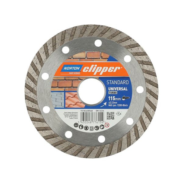 Norton Clipper Scheibe Standard Universal Turbo Ø115, für allgemeine Baumaterialien, aber mit aggressiverem Schnitt bei härteren Materialien, 70184608560