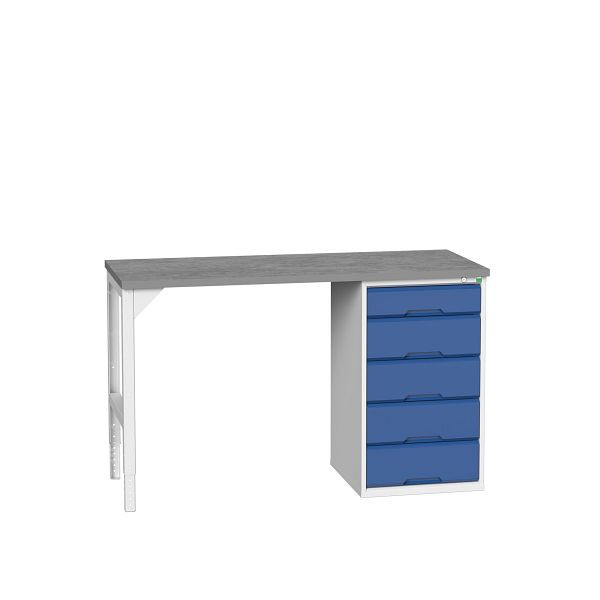 bott verso Unterbauwerkbank (Linoleum-Platte) mit 5 Schubladen (Breite: 525mm) BxTxH: 1500 x 600 x 930 mm, Lichtgrau / Enzianblau, 16921910.11