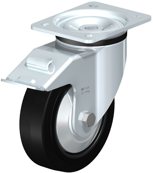 Blickle LK-POEV 160R-FI-FA Stahlblech-Lenkrolle, schwere Ausführung, mit Anschraubplatte & Feststeller, Elastik-Vollgummi, Schwarz, 741848