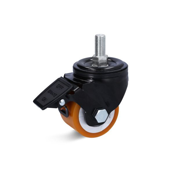 Torwegge Polyurethan Apparate Rolle, Tragfähigkeit 400 kg, Rad-Ø 75 mm, Radbreite 50 mm, Gesamthöhe 105 mm, Rückenloch-Ø 16 mm, mit Feststeller, 0054902