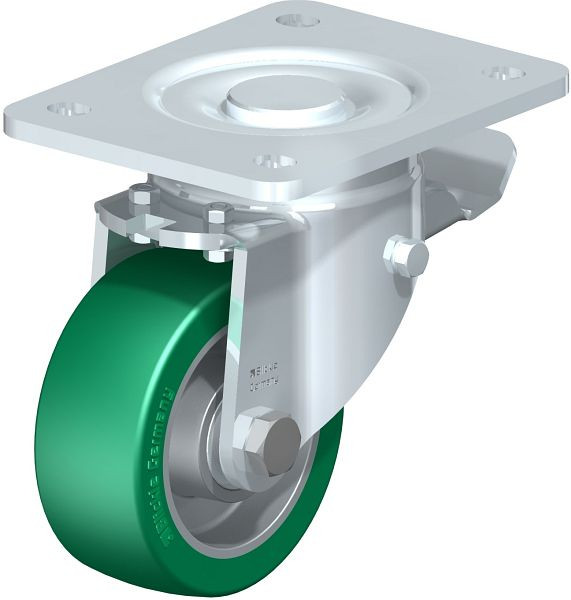 Blickle LH-ALST 100K-3-ST Stahlblech-Lenkrolle, Schwerlast-Ausführung, mit Anschraubplatte & Feststeller, Blickle Softhane®, Grün, 663765