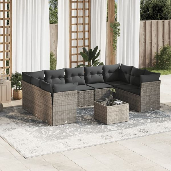 vidaXL 10-teilig Garten-Sofagarnitur mit Kissen Grau Poly Rattan, 3218140