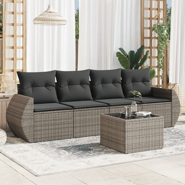 vidaXL 5-teilig Garten-Sofagarnitur mit Kissen Grau Poly Rattan, 3221089