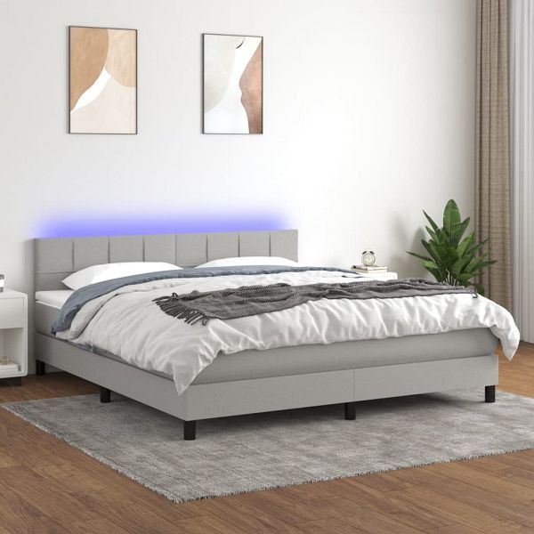 vidaXL Boxspringbett mit Matratze & LED Hellgrau 160x200 cm Stoff, 3133165