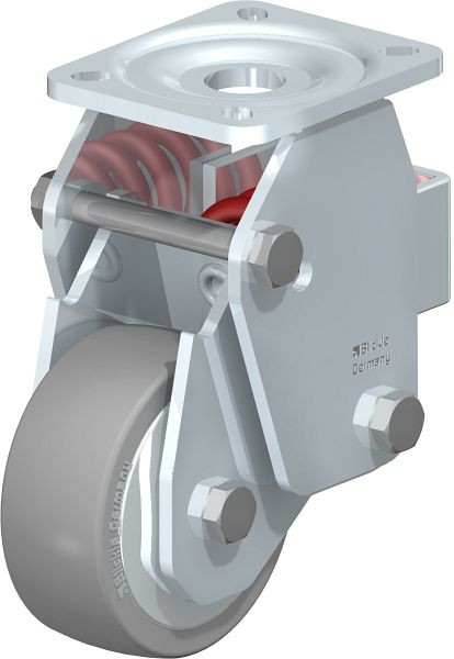 Blickle BHF-ALTH 101K-1-AS-FA Stahlblech-Bockrolle, Schwerlast-Ausführung, mit Stahlfeder, Blickle Extrathane®, Grau, 853743