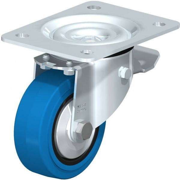 Blickle LK-POEV 100K-3-ST-SB-FA Stahlblech-Lenkrolle, schwere Ausführung, mit Anschraubplatte & Feststeller, Elastik-Vollgummi, Blau, 750323