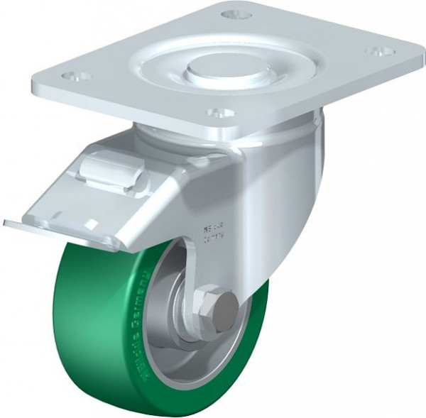 Blickle LH-ALST 100K-3-FI Stahlblech-Lenkrolle, Schwerlast-Ausführung, mit Anschraubplatte & Feststeller, Blickle Softhane®, Grün, 620161