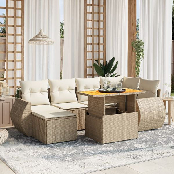 vidaXL 7-tlg. Garten-Sofagarnitur mit Kissen Beige Poly Rattan, 3275816