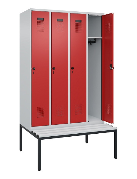 C+P Spind Evolo PLUS, 4 Abteile, 2120x1200x815mm, 7035/3000, Haken 3, Drehriegel, Sitzfläche Kunststoff, Sitzbank, 0490507-40 S10057