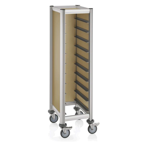 WAS Trolley Mensa Tablettwagen für 10 Tabletts, 60,5 x 44,5 x 165, cm, helle Holzoptik, Alu-Profile/MDF, 1955531